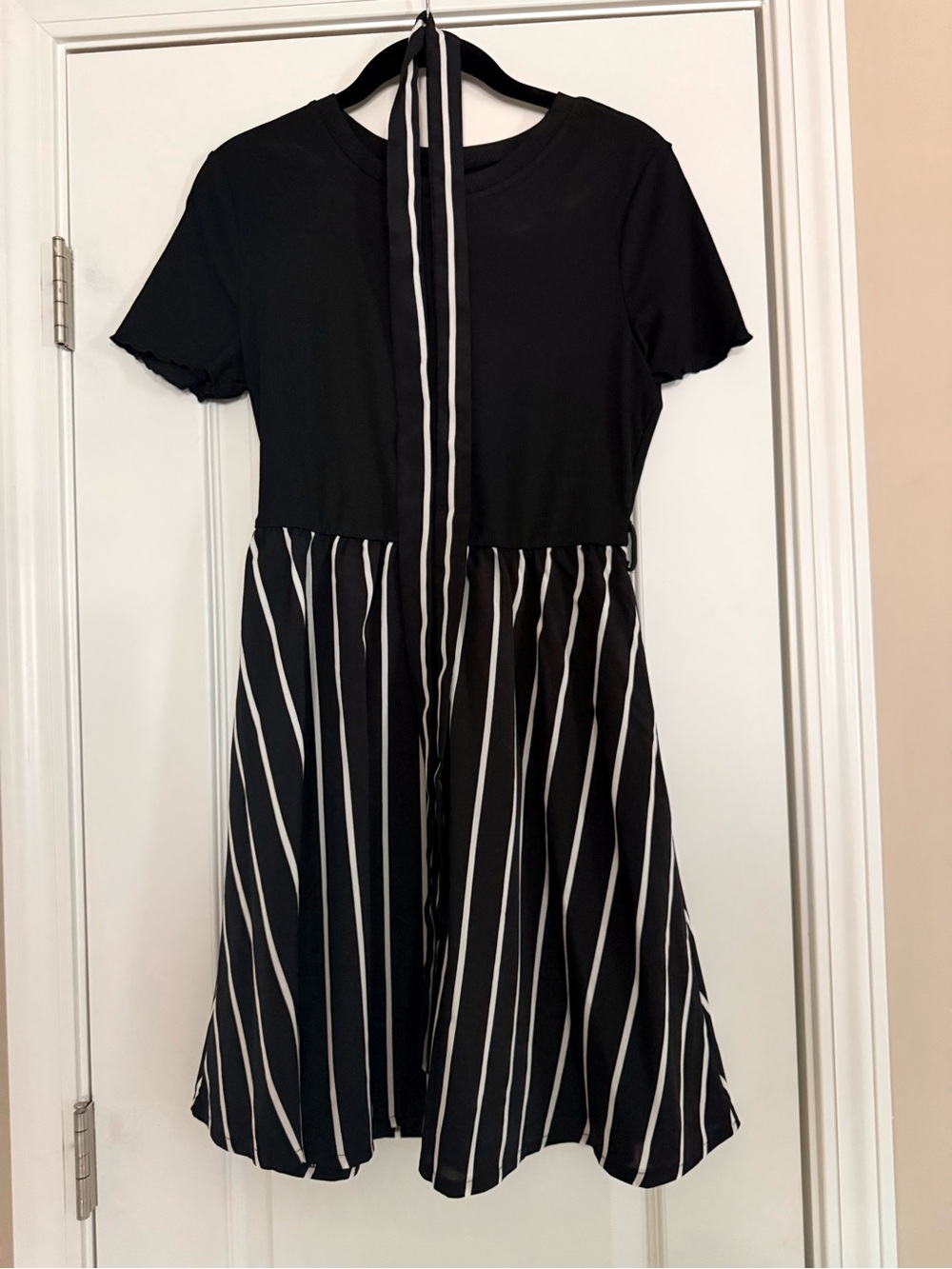 Woman Black Striped Fit-and-Flare Dress